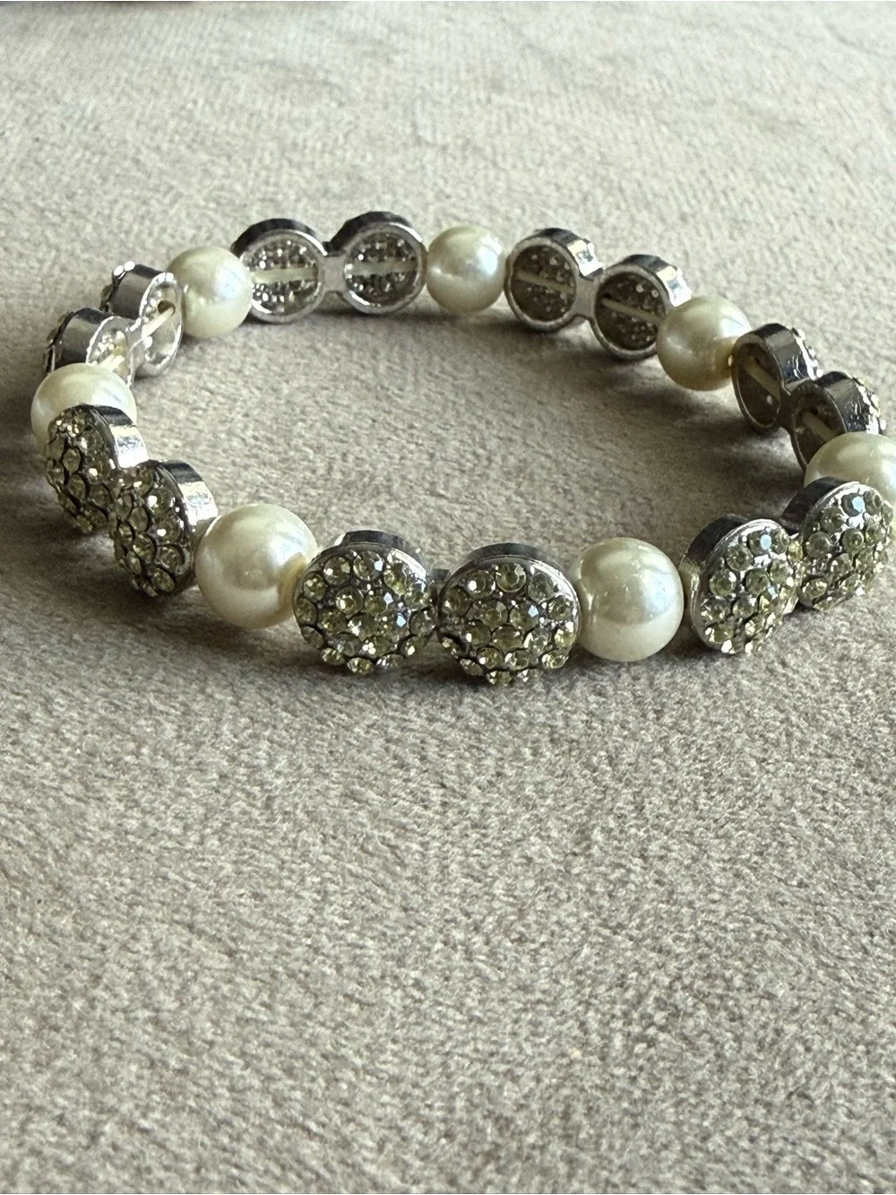 Pearl and Rhinestone Stretch Bracelet - Ivory and Silver